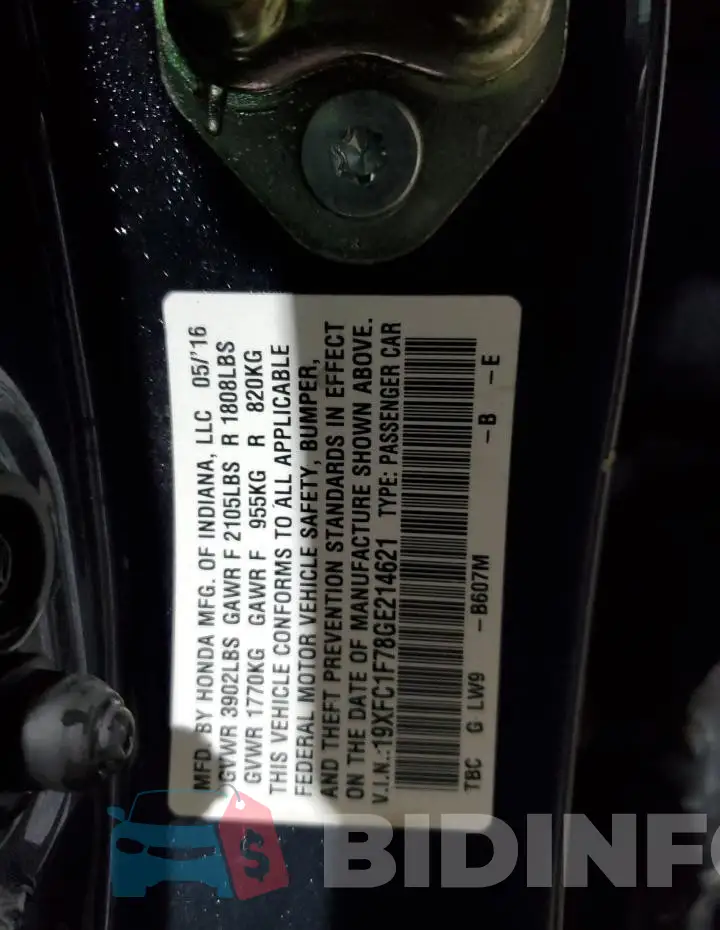 19XFC1F78GE214621 Photo# 13