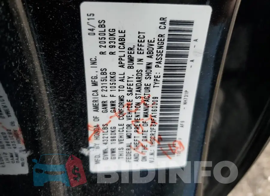 1HGCR2F84FA160009 Photo# 12