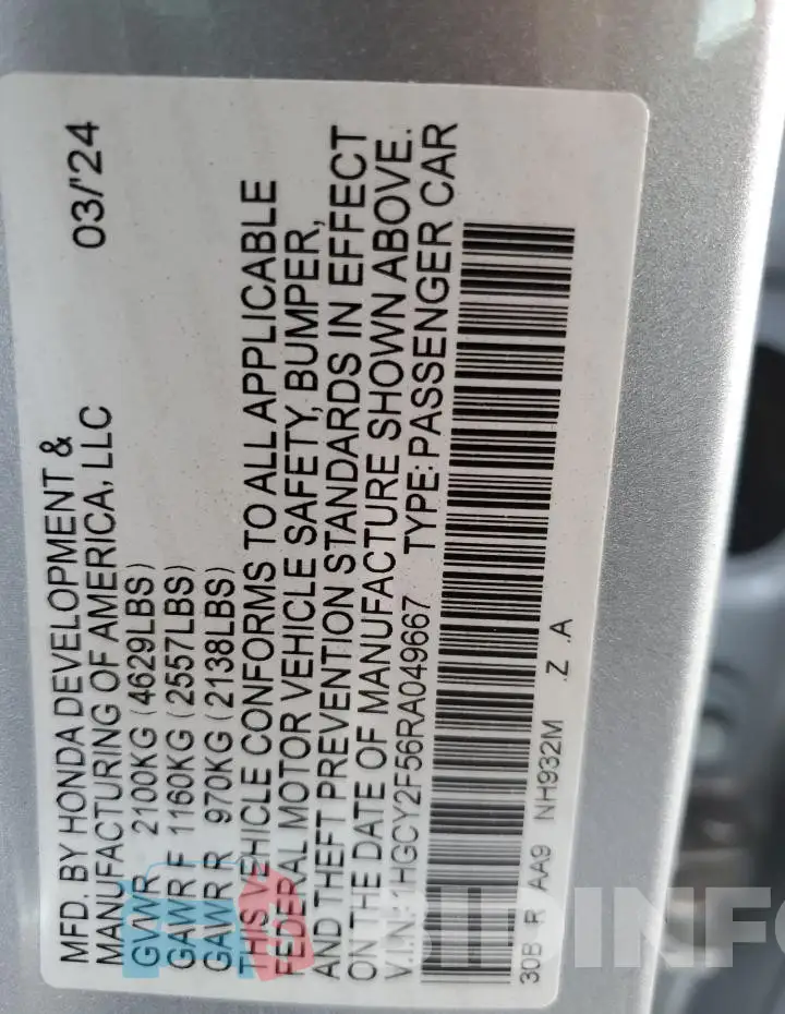1HGCY2F56RA049667 Photo# 13