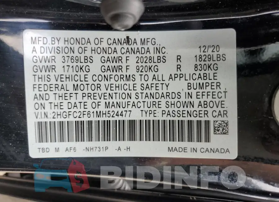 2HGFC2F61MH524477 Photo# 12