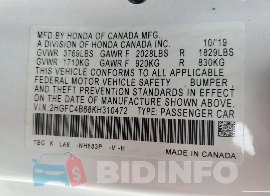 2HGFC4B68KH310472 Photo# 12