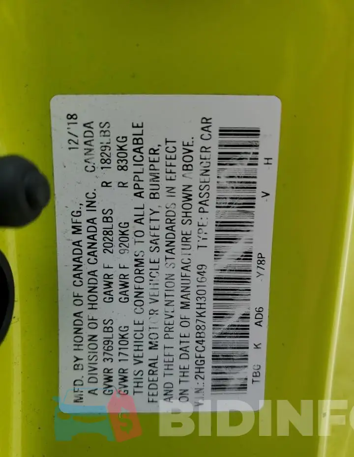 2HGFC4B87KH301649 Photo# 12