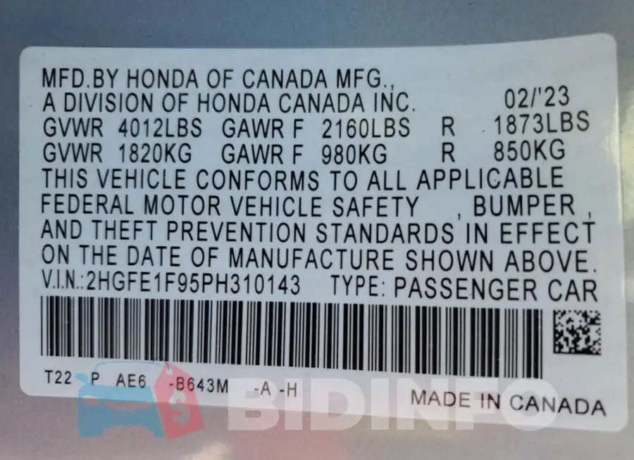 2HGFE1F95PH310143 Photo# 13