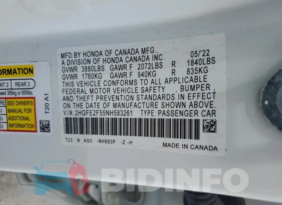 2HGFE2F55NH583261 Photo# 12