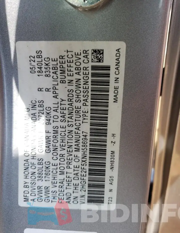 2HGFE2F5XNH586947 Photo# 13
