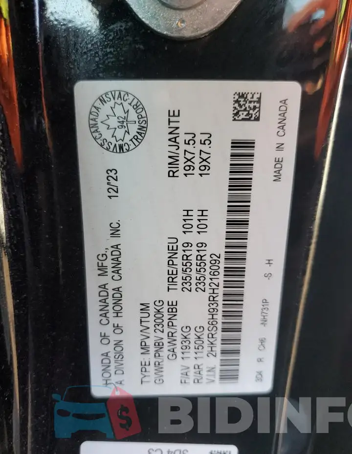 2HKRS6H93RH216092 Photo# 14