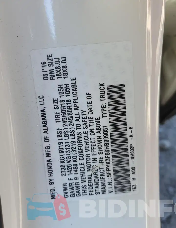 5FPYK3F66HB009087 Photo# 13