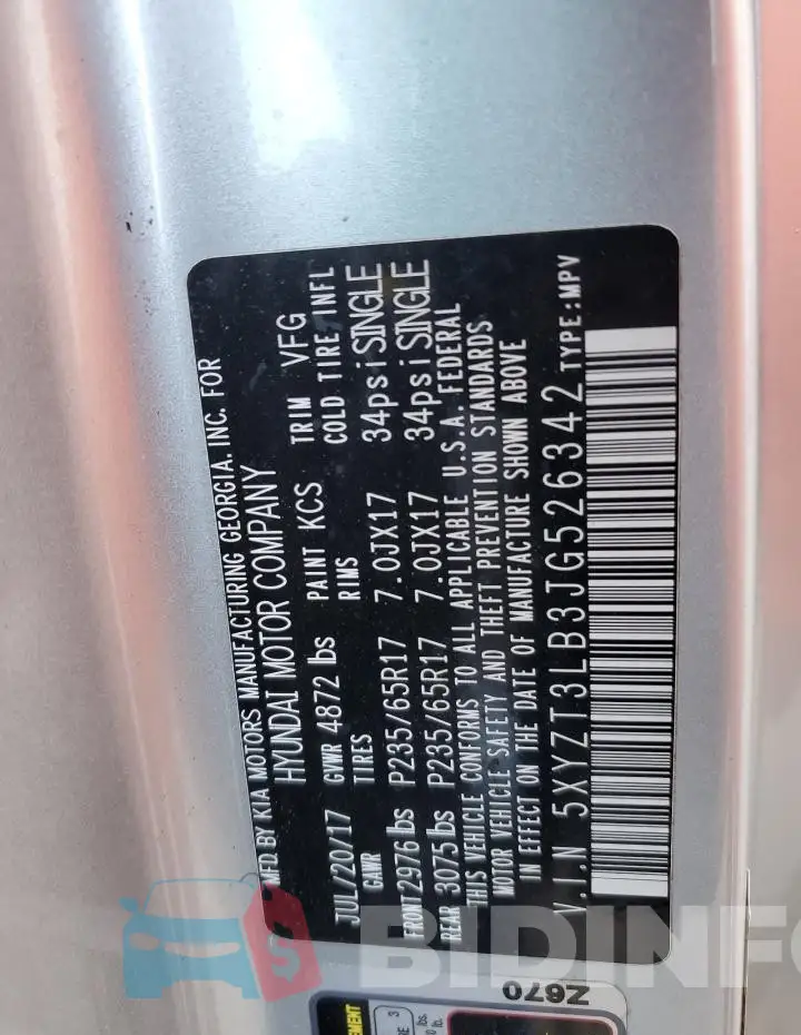 5XYZT3LB3JG526342 Photo# 13