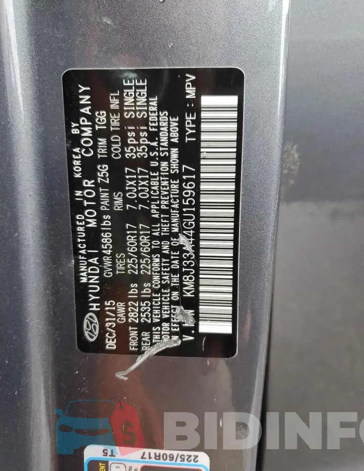 KM8J33A44GU159617 Photo# 14