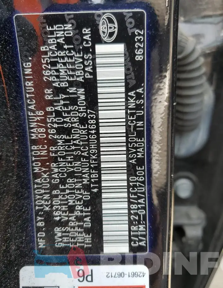 4T1BF1FK9HU646837 Photo# 12