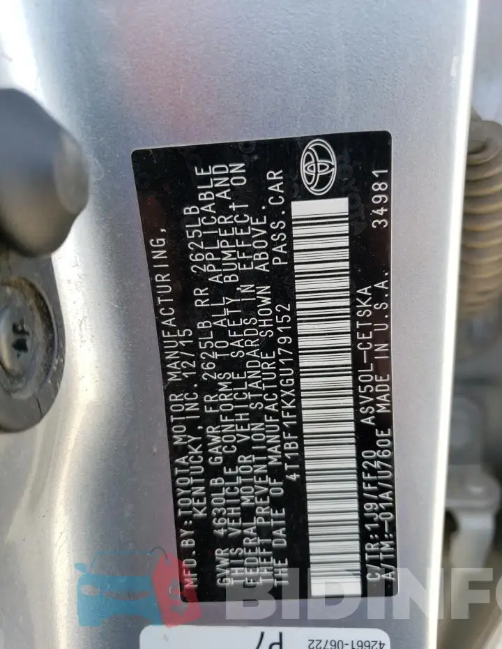 4T1BF1FKXGU179152 Photo# 12