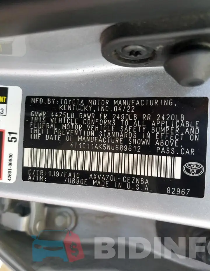 4T1C11AK5NU689612 Photo# 12
