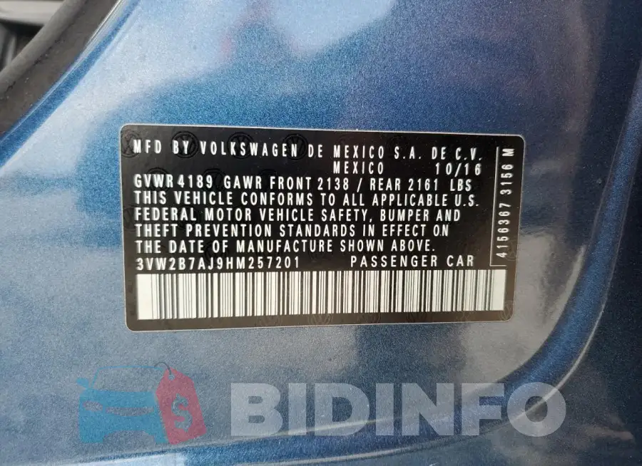 3VW2B7AJ9HM257201 Photo# 12