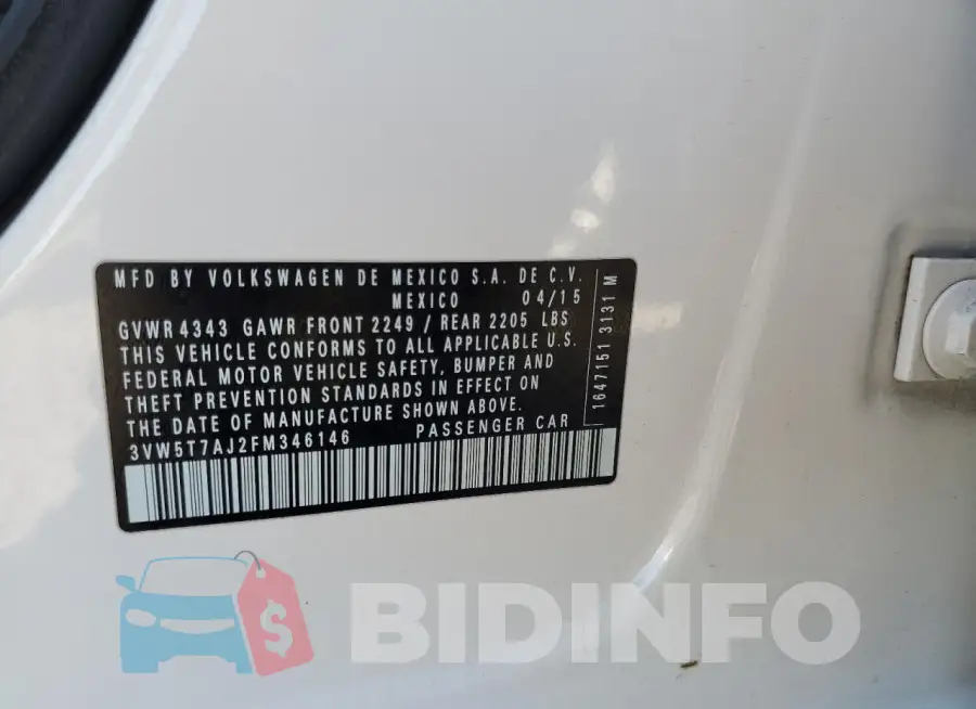 3VW5T7AJ2FM346146 Photo# 12