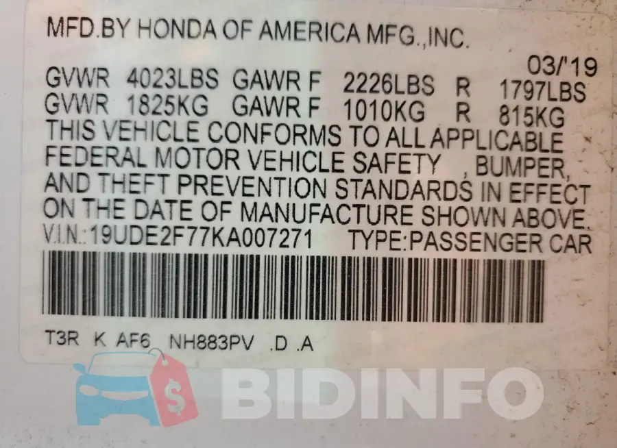 19UDE2F77KA007271 Photo# 13