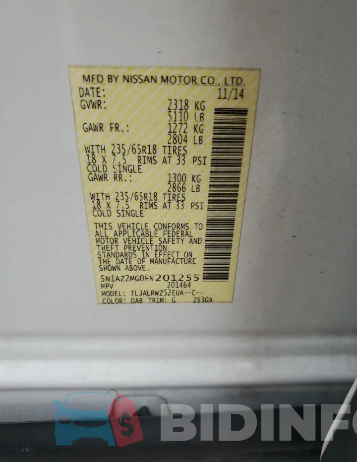 5N1AZ2MG0FN201255 Photo# 14