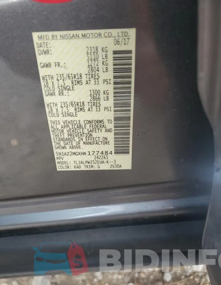 5N1AZ2MGXHN177484 Photo# 13