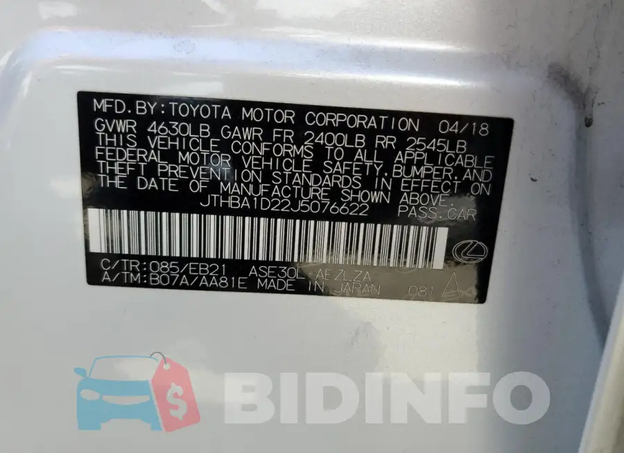 JTHBA1D22J5076622 Photo# 12
