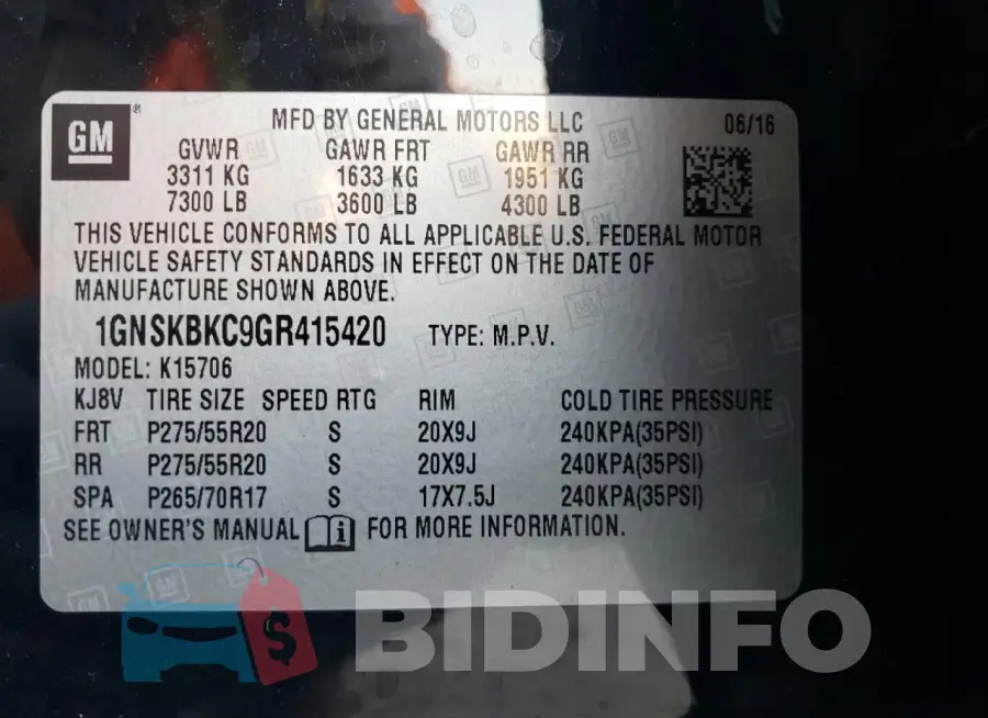 1GNSKBKC9GR415420 Photo# 13