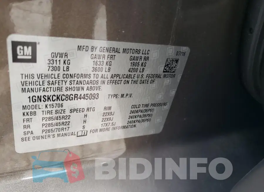 1GNSKCKC8GR445093 Photo# 13
