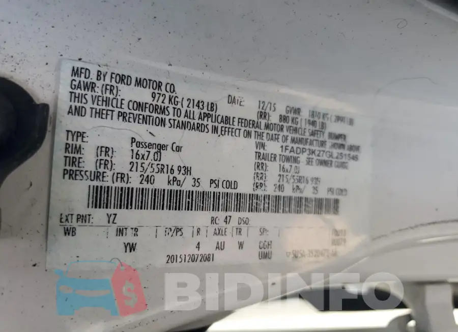 1FADP3K27GL251545 Photo# 12