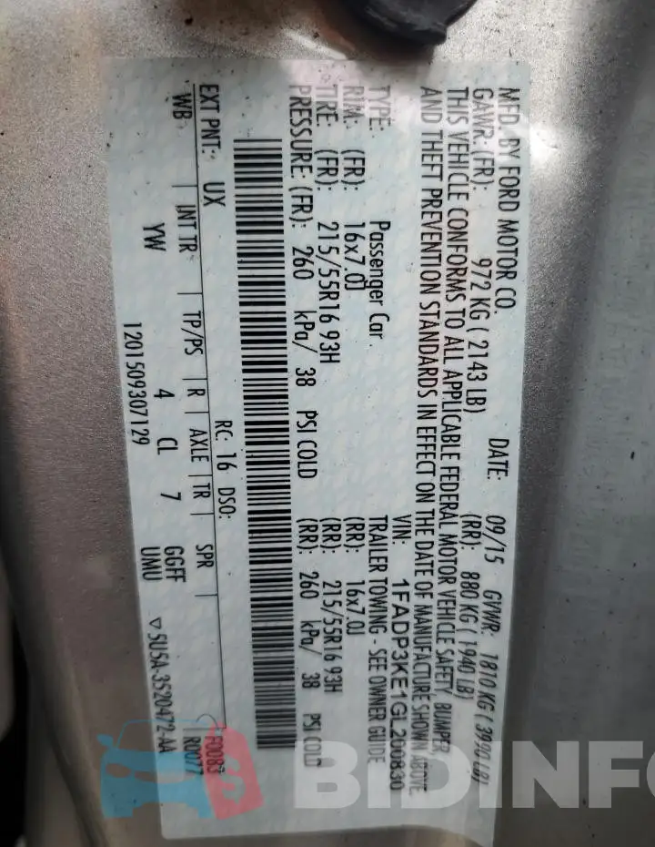 1FADP3KE1GL200830 Photo# 12