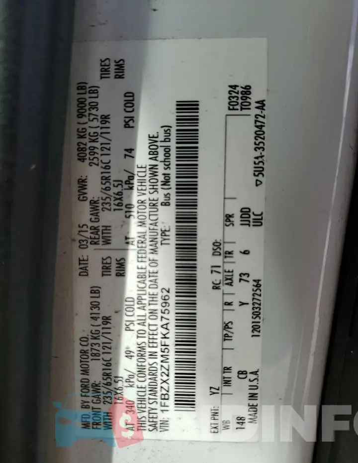 1FBZX2ZM5FKA75962 Photo# 14