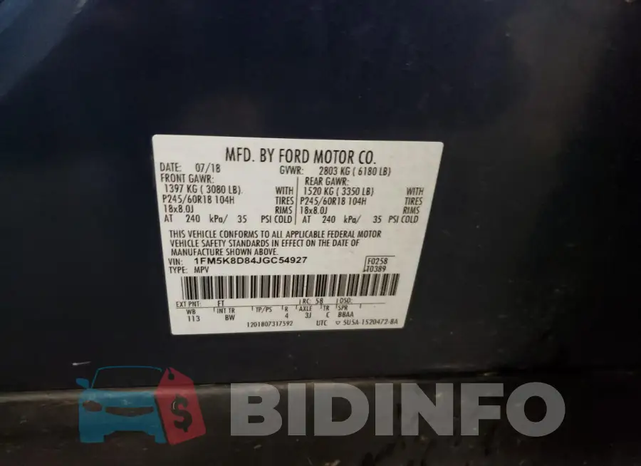 1FM5K8D84JGC54927 Photo# 13