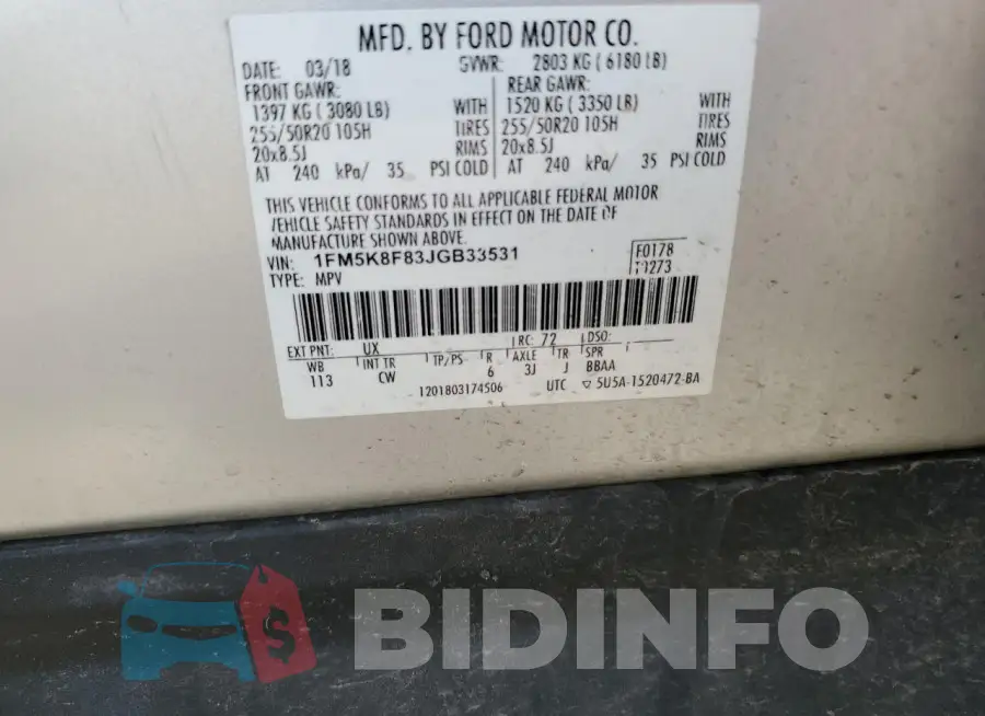 1FM5K8F83JGB33531 Photo# 12