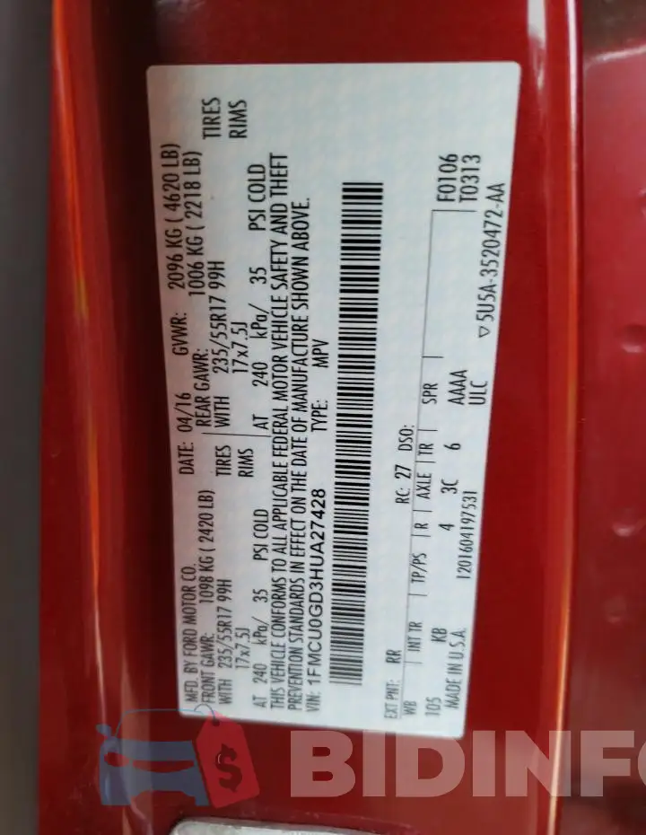 1FMCU0GD3HUA27428 Photo# 14