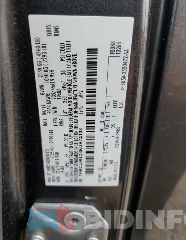 1FMCU9GD3KUB74103 Photo# 13