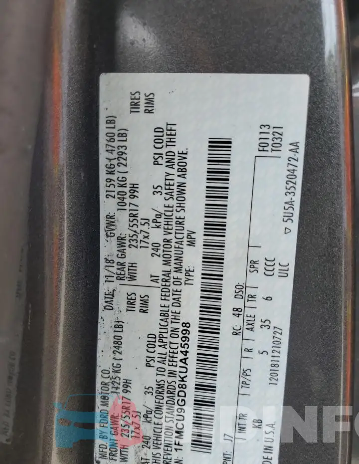 1FMCU9GD8KUA45998 Photo# 13