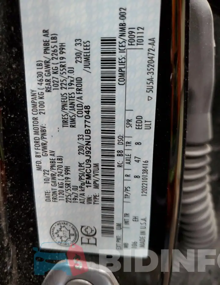 1FMCU9J92NUB77048 Photo# 14