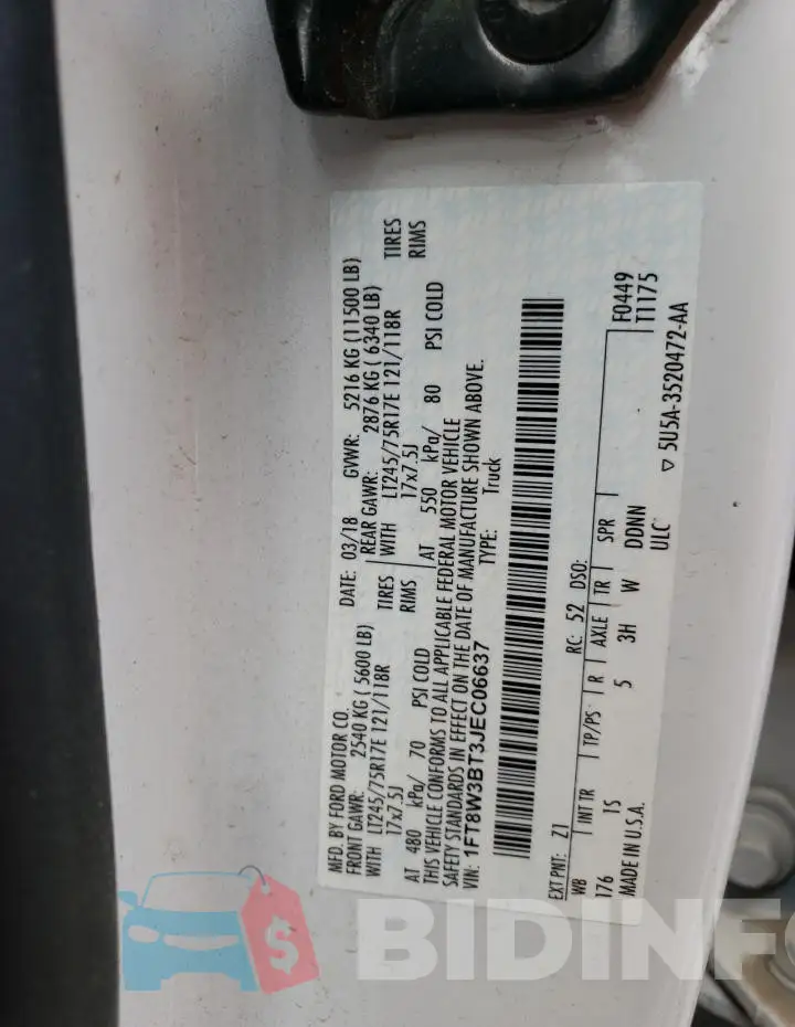 1FT8W3BT3JEC06637 Photo# 12