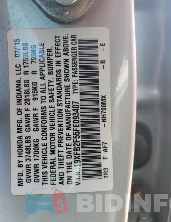 19XFB2F55FE093407 Photo# 13