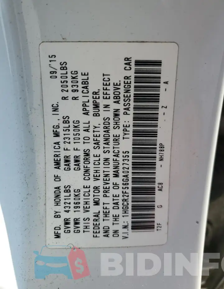 1HGCR2F56GA027355 Photo# 12