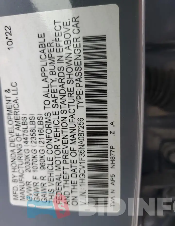 1HGCV1F35NA087256 Photo# 12