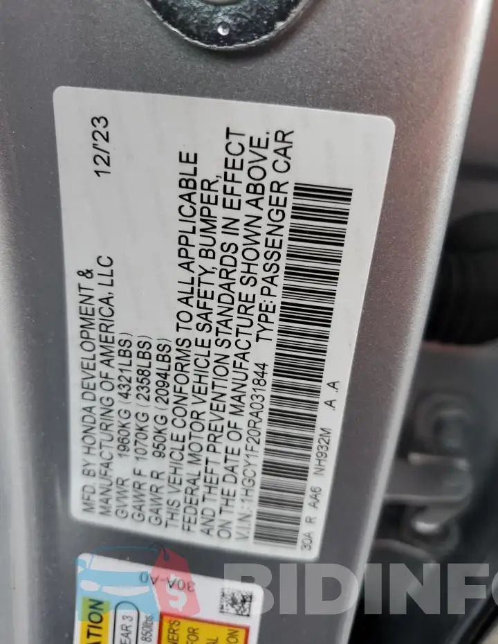 1HGCY1F20RA031844 Photo# 12