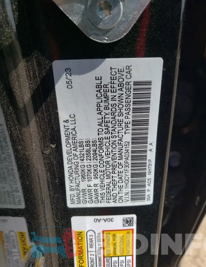 1HGCY1F30PA034152 Photo# 13