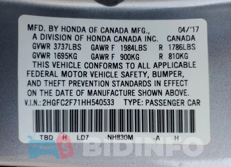 2HGFC2F71HH540533 Photo# 13
