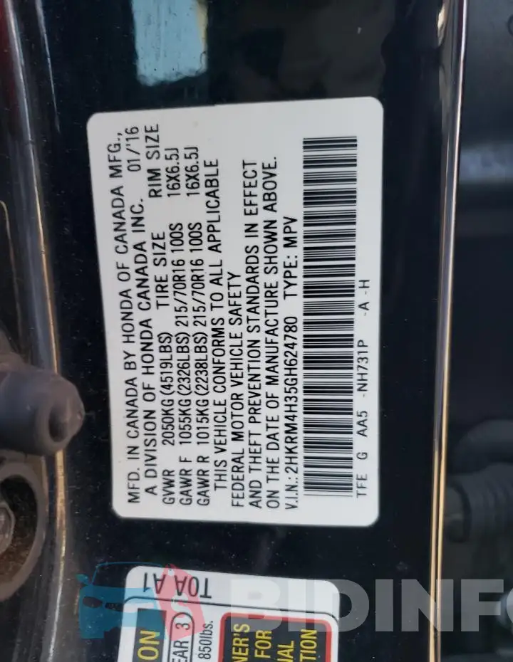 2HKRM4H35GH624780 Photo# 13