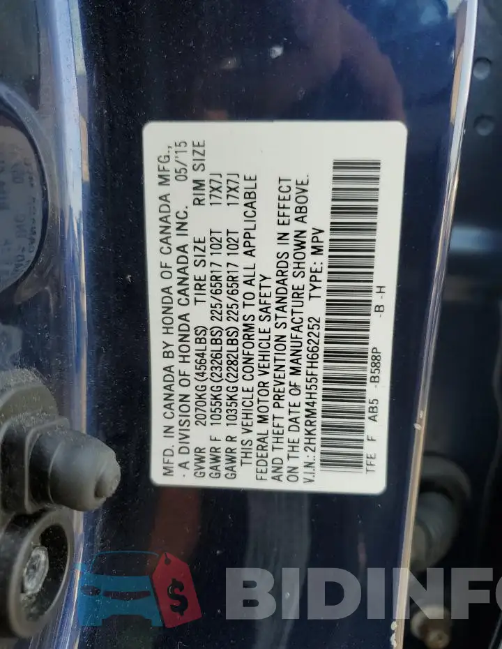 2HKRM4H55FH662252 Photo# 13