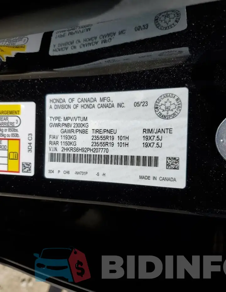 2HKRS6H92PH207770 Photo# 14