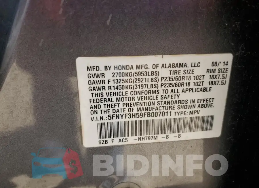 5FNYF3H59FB007011 Photo# 13