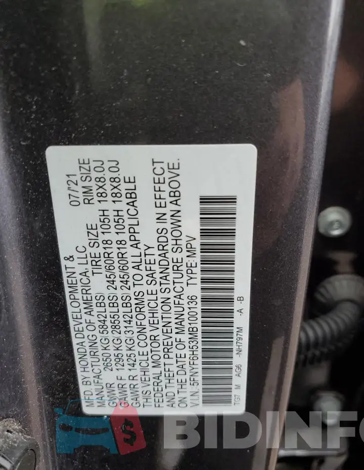 5FNYF6H53MB100136 Photo# 13
