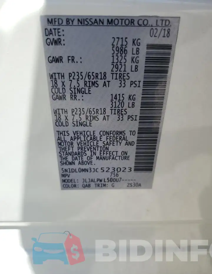 5N1DL0MN3JC523023 Photo# 14