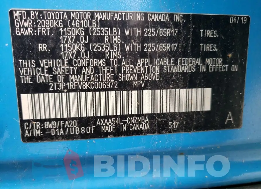 2T3P1RFV8KC006972 Photo# 13