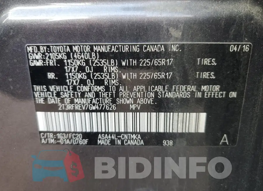 2T3RFREV7GW477626 Photo# 13