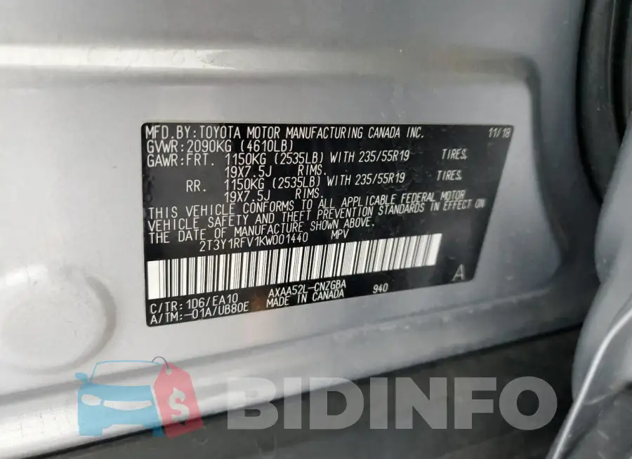 2T3Y1RFV1KW001440 Photo# 13