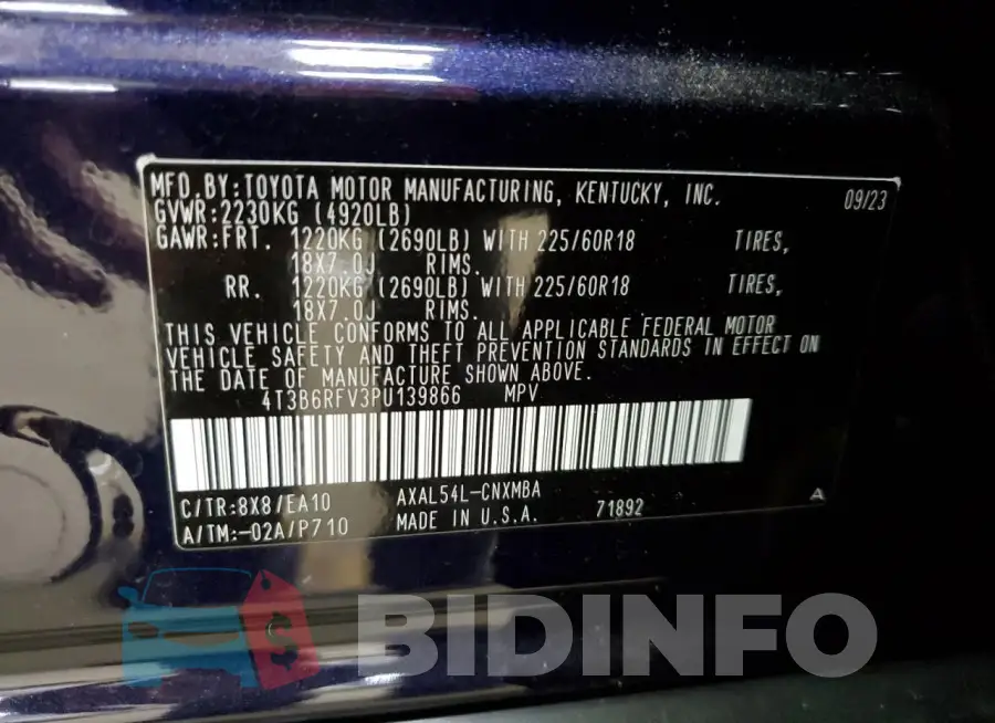 4T3B6RFV3PU139866 Photo# 13